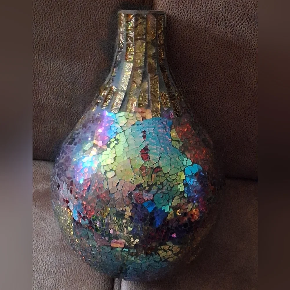 Iridescent Aurora Borealis Mosaic Vase Burgundy, Gold, Blue, Purple
